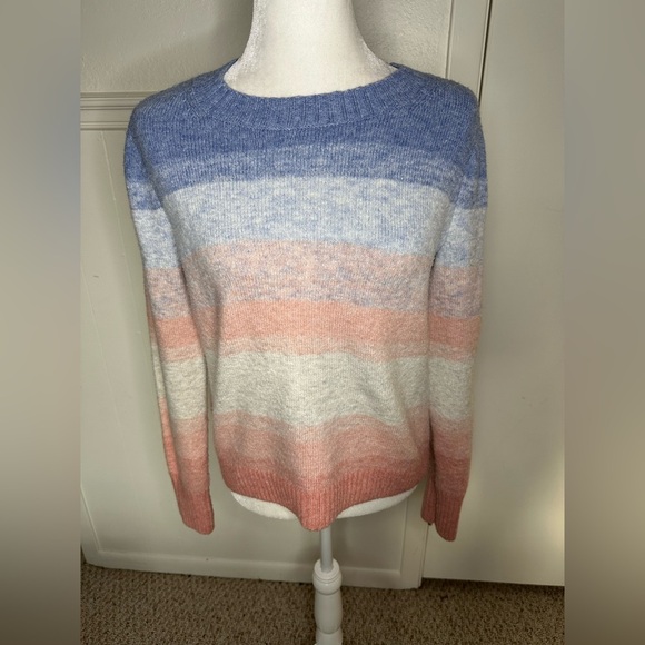 LOFT wool Blend Ombré Stripe Crewneck Sweater Purple Pink White size S - Picture 3 of 7